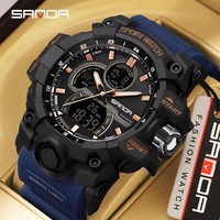SANDA jam tangan olahraga untuk pria Jam Alarm Stopwatch LED Digital lampu belakang tampilan waktu ganda jam tangan pria kuarsa jam tangan tahan air