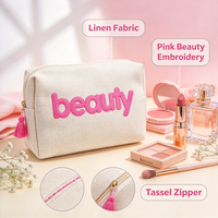 Trousse de Maquillage en Lin Rose Vif Brodé, Pochette Cosmétique Portable de Voyage avec Pompon de Fermeture – Vente en Gros