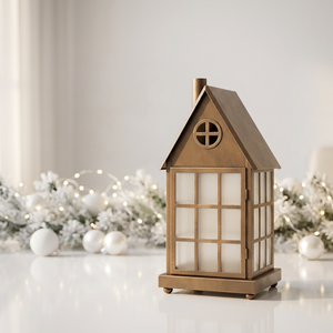 Wholesale Trending Style Home Decorative <b>Copper</b> Antique Metal House Shape Candle Holder <b>Lantern</b> with Frost Glass - Product Image 1