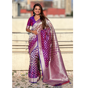 ผ้าไหมบานาราสีเนื้อนุ่มสีม่วง ประดับด้วยงานปักลวดลาย 3 มิติ หรูหรา สำหรับงานแต่งงานและเทศกาล ผ้าไหมบานาราสีสีม่วง - Product Image 6