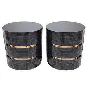 Luxury Italian Style <b>High</b> Gloss Ebony Wood Round Nightstand Modern Gold Metal Inlay <b>Bedside</b> <b>Table</b> - Product Image 1