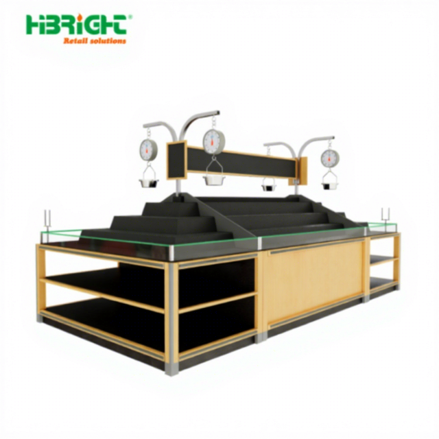 Supermarket Double-Sided Metallic Wooden Fruit & Vegetable Display Rack with Modern Design Durable Solid Shelves