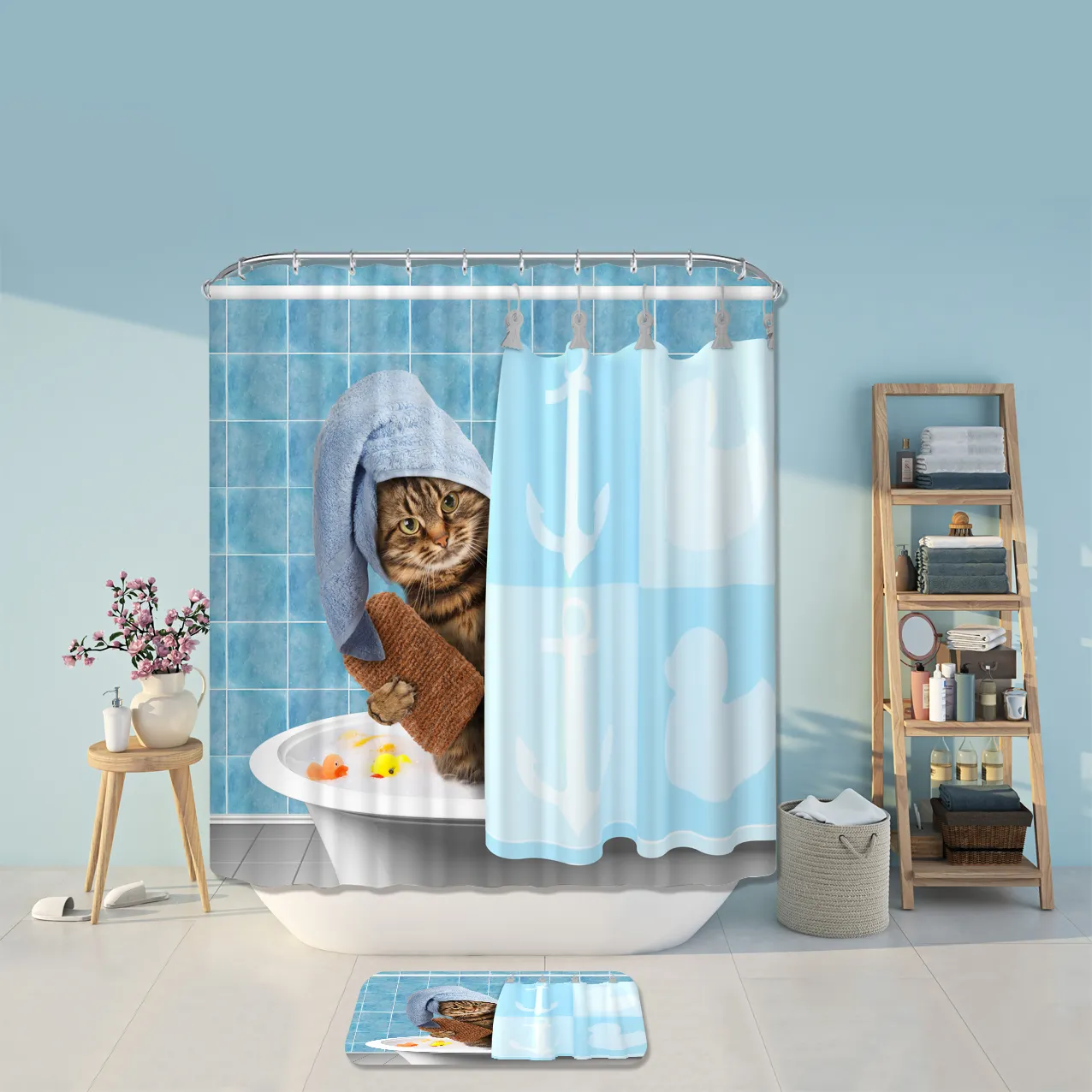 3d bathing cat fabric shower curtains and bath mat rug set High quality polyester cloth shower curtain
