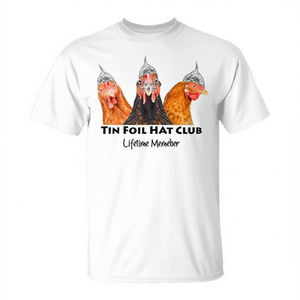Camiseta Tin Foil Hat Club Chicken Conspiracy Theorist para adultos, unisex, blanca, de manga corta, cuello redondo, impresión digital - Product Image 2