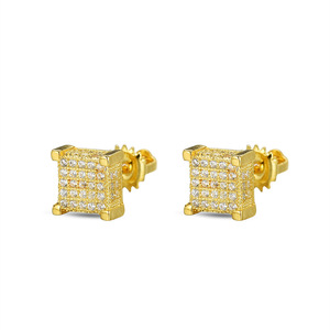 Square Stud Earrings Micro Set Zircon Full Diamond Geometric Cube Design For Men Party Fashion Hip Hop Jewelry - Product Image 5