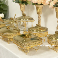 Réchaud de Luxe Hôtelier Doré, Ensemble Buffet Chauffant pour Traiteur, Présentoir Alimentaire avec Plat en Verre pour Mariage et Réception