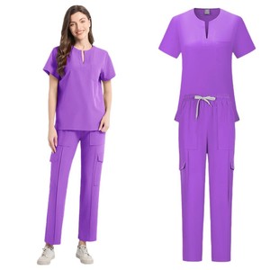 Women's Scrub Set Solid Color Moisture Wicking Knitted Hospital Uniforms For Spa Beauty Salon Workwear Split Design - Product Image 5