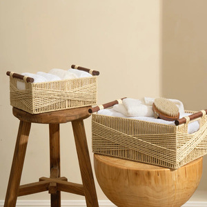 Eco-Friendly Woven <b>Storage</b> <b>Basket</b> Rectangle Black Solid Wood Handle Bathroom Living Room Desktop Organizer - Product Image 4