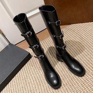 Bottes hautes noires brillantes pour femme 2026, en cuir de vachette fait main, doublure polaire, talon carré de 3 cm, fermeture éclair et boucle avant, pour l'hiver - Product Image 1