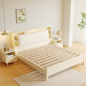 Dazhang Jiaju Cream <b>White</b> Solid Wood <b>Bed</b> 1.5m <b>Storage</b> Lighted Headboard Modern Bedroom Furniture - Product Image 3
