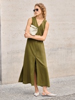 Robe d'été en coton et lin style Old Money, col en V, couleur unie, sans manches, coupe ample, style Normcore/Minimaliste, pour femme, simple et élégante