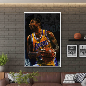 Magic Johnson Stained Glass Style Printed <b>Canvas</b> - Basketball Wall Art,WHITE <b>FRAMED</b> <b>CANVAS</b> - Product Image 3