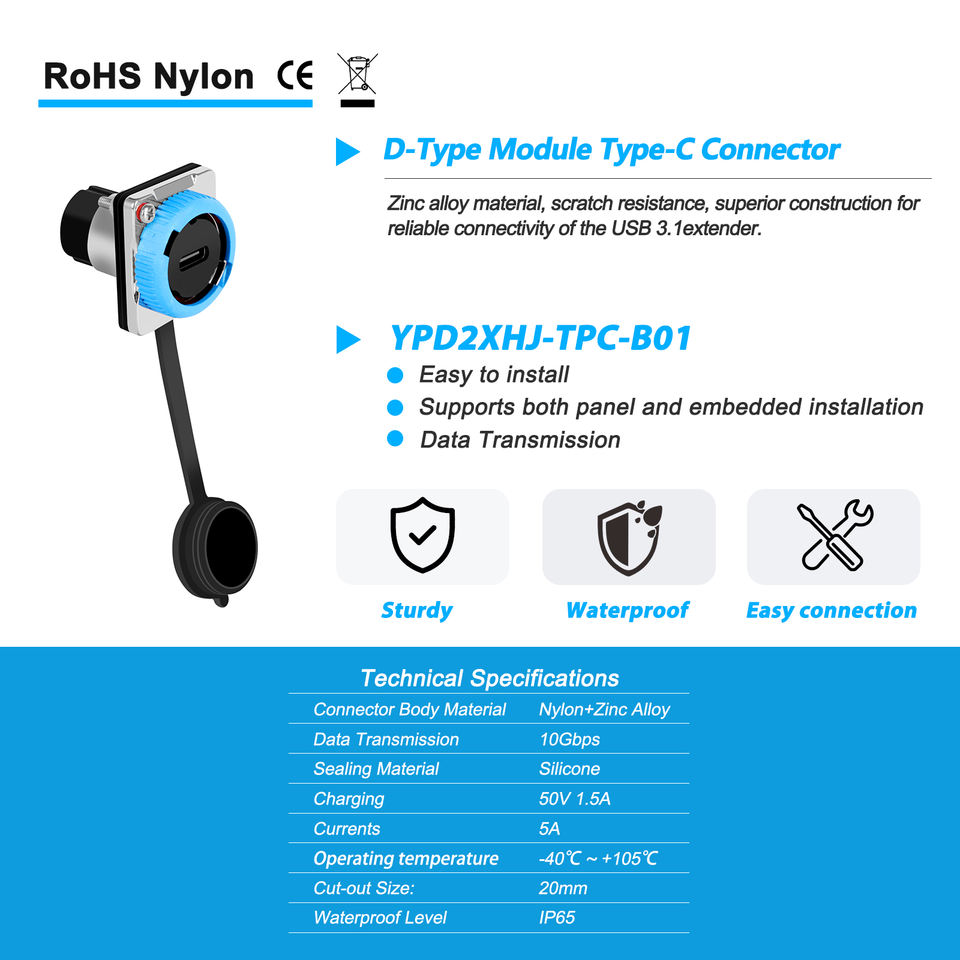 IP68 Waterproof USB C Connector High Speed 10Gbps Panel Mount Type C Female to Female Adapter