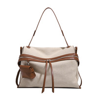 Französische Nischen-Design Baumwoll-Leinen Patchwork Reißverschluss-Umhängetasche Damen Pendler-Tasche mit Großer Kapazität Canvas Schulter-Crossbody-Tasche