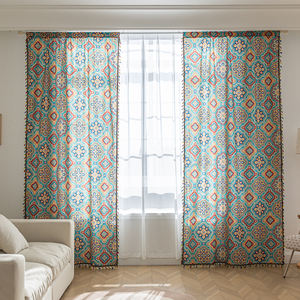 Bohème Tribal Sheer Rideaux Bleu Sarcelle 100% Polyester Géométrie Sacrée Diamant Motifs Glands Colorés pour Vivre - Product Image 5