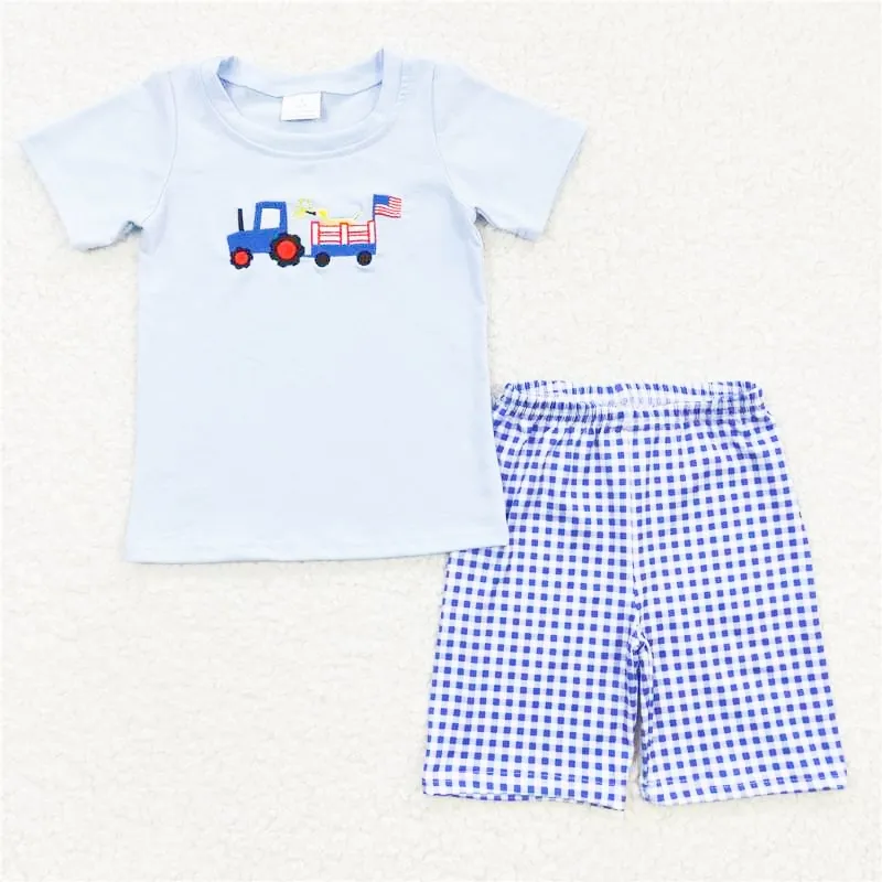 Simple design kids back to school boutique outfits truck pattern white short sleeve blue print pants summer kids clothing