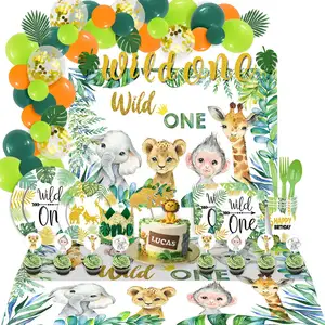 غابة نخيل الحيوانات البرية موضوع واحد لافتة خلفية مفرش مائدة للأطفال لوازم حفلة عيد ميلاد طاولة الديكور مجموعة
