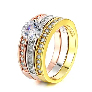 סין מפעל אספקת 18k זהב מצופה חצי CZ אבן טריו צבע מחסנית סטי טבעת נישואים נשים ילדה מתנה r107