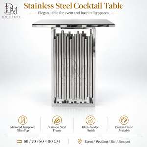 Square Cocktail <b>Table</b> for Wedding Planners with Silver Stainless Steel Vertical Rod Base and <b>Mirrored</b> Tempered Glass Top - Product Image 3