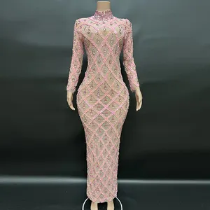 NOVANCE products dropshipping shiny diamonds nude mesh pink dress long elegant bridesmaid dresses for evening party
