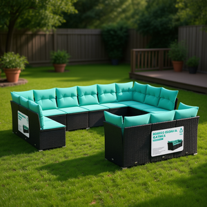 Conjunto de Sofá de Jardín de Ratán Sintético Negro con Cojines, 13 Piezas, Muebles de Exterior de Estilo Contemporáneo para Asientos de Jardín, para 10 Personas o Más - Product Image 2