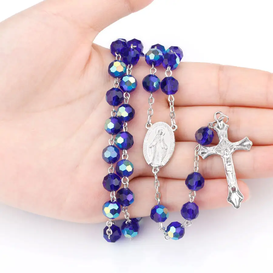 Personalizzato argento croce Maria centro rosario 8mm perline di cristallo blu profondo collana rosario croce cattolica crocifisso gioielli religiosi