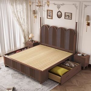 Cama de Madera Estilo Francés Vintage de 1.8m, Cama Doble con Cajones de Almacenamiento, Estructura de Madera de Caucho, Cama con Sistema de Elevación Neumática - Product Image 1