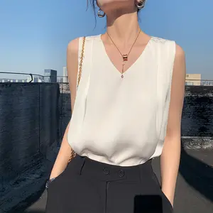 Formal Silk Blouses Elegant Women Solid Sleeveless Tank Luxury Tops Ladies Fashion White Satin Office Summer Blouses For Woman