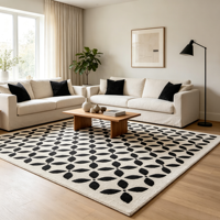 Tapis marocain jacquard PP noir et blanc à motif quadrifoliaire pour salon, tapis de sol moderne à motif géométrique treillis, lavable