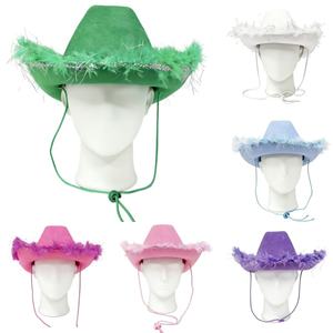 Sombrero <span class=keywords><strong>de</strong></span> Vaquero con Plumas Brillantes y Esponjosas, Estilo Occidental, <span class=keywords><strong>para</strong></span> Fiestas, <span class=keywords><strong>Disfraces</strong></span>, Conciertos Country y Carnavales - Product Image 1