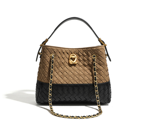 Fashionable High-end Women's Woven Shoulder Bag Two-Tone Brown Suede Shoulder Bag with Chain Strap <b>Lock</b> Closure bucket handbags - Product Image 2