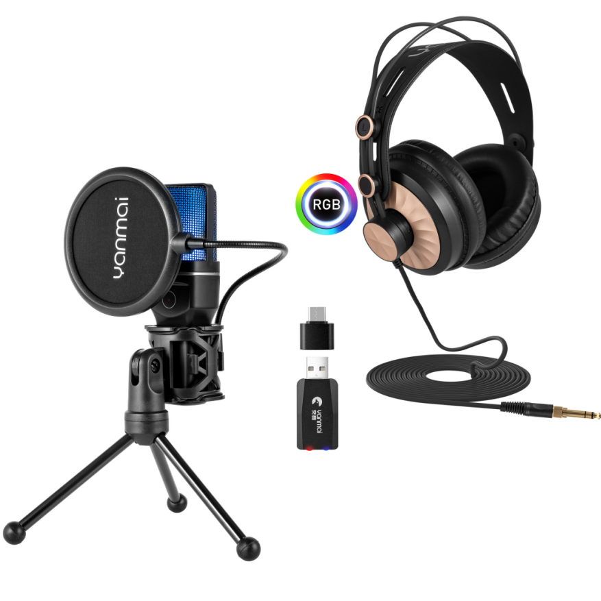 SF-777W Wireless Microphone+D68 Gold Headphone