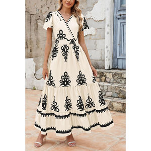 2025 estate Casual scollo a V stile bohémien stampa floreale Abito lungo a strati con tasche - Product Image 4