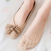 Chaussettes invisibles basses pour femme, respirantes, tricotées, à motif écossais, avec bordure en dentelle et logo, antidérapantes, pour usage quotidien, vente en gros