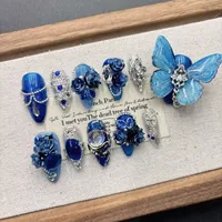 Ongles press-on faits main certifiés CE, motif papillon bleu, faux ongles en acrylique, pointes d'ongles personnalisables, logo sur mesure, plusieurs ongles