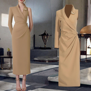 OUDINA Elegante Vestido Largo Liso para <span class=keywords><strong>Mujer</strong></span> Nuevo Cuello en V Manga Única <span class=keywords><strong>Cortavientos</strong></span> Tridimensional Efecto Trenzado Oficina Formal - Product Image 4