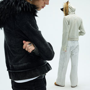 High-quality <b>Vintage</b> Acid-washed Men's 100% Cotton French Terry Digital Printing Embroidered Winter Fur Trim Short <b>Zip</b>-<b>up</b> <b>Hoodie</b> - Product Image 5