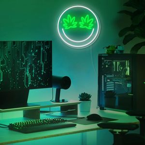 Green leaf smiling face pattern neon LED indoor hanging luminous sign shop entrance <b>window</b> indicator <b>light</b> ambient <b>light</b> 5V - Product Image 3
