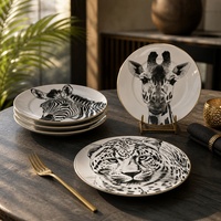 Lot de 4 assiettes en porcelaine artistiques à motifs animaux dessinés à la main, bord doré, en New Bone China, 7,5 pouces, pour desserts, cadeau de luxe pour la maison, OEM ODM