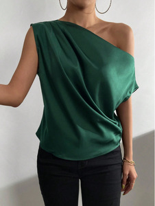 2026 Retro Breathable Solid Color <b>Satin</b> Simulated Silk One off Shoulder Sleeveless Pullover <b>Blouse</b> for Women - Product Image 5