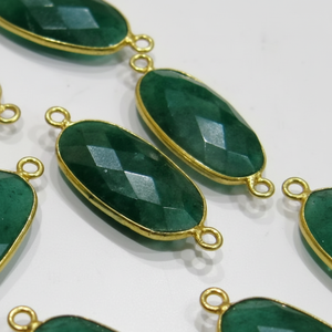 Set 2- <b>Brass</b> Emerald Oval Shape Briolette Connector Double Loop Size 12x22mm Dyed Stones Bezel Connectors for <b>Jewellery</b> Making - Product Image 1