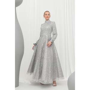 Puane Women's Elegant Long Sleeve Shiny Textured Evening Dress with Waist Belt Detail for Special Occasions, Gray - Product Image 4