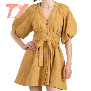 TUOYI Summer Fashion Women's Custom V Neck Short Puff Sleeves A Line Dress Casual Streetwear Yellow Belted Linen Mini Dress