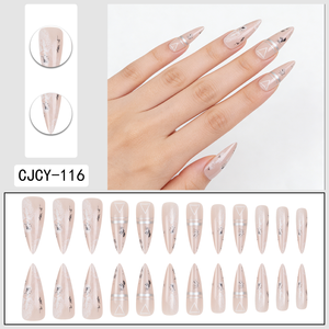 Venta al por mayor de fábrica: 24 uñas postizas de ABS de alta calidad, fáciles de usar, con líneas de mezcla en forma de estilete triangular. - Product Image 6