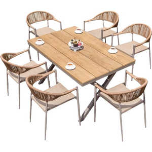 AJUNION Aluminium Tuinmeubilair 6-persoons Eettafelset Kunststof Houten Blad Eettafel Kunststof <span class=keywords><strong>Rattan</strong></span> Armstoel Tuin Eettafelset - Product Image 6
