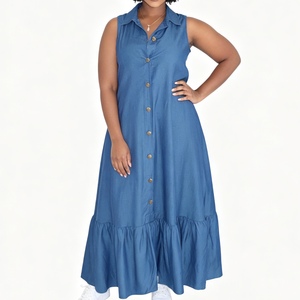 Abito lungo da donna estivo casual, tinta unita, senza maniche, con collo all'americana, monopetto, orlo arricciato, fluido e ampio, con arricciature, Sehe Fashion - Product Image 1