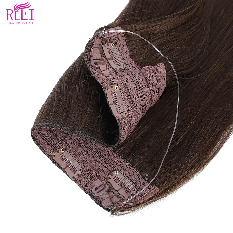 One Piece Transparent Fish Line Real Human Hair Extension Invisible Halo Wire Hair Extensions Straight Balayage Clips in Hair