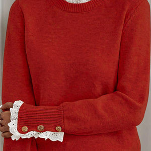 Suéter de Mujer con Diseño de Parches, Ribete de Encaje, Cuello Redondo, Manga Larga, Cierre de Hebilla, Prenda de Punto, Suéter Moderno para Mujer - Product Image 4