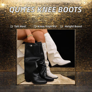 Botas Altas hasta la Rodilla con Tacón Grueso y Punta Puntiaguda para Mujer, Cierre de Cremallera, Cuero PU, Zapatos de Otoño que Aumentan la Estatura - Product Image 2