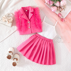 Conjunto de Verano 2026 para Niñas, Chaleco con Cuentas y Plumas de Color Sólido, Falda Plisada, Conjunto de Tres Piezas Dulce y Vibrante - Product Image 3